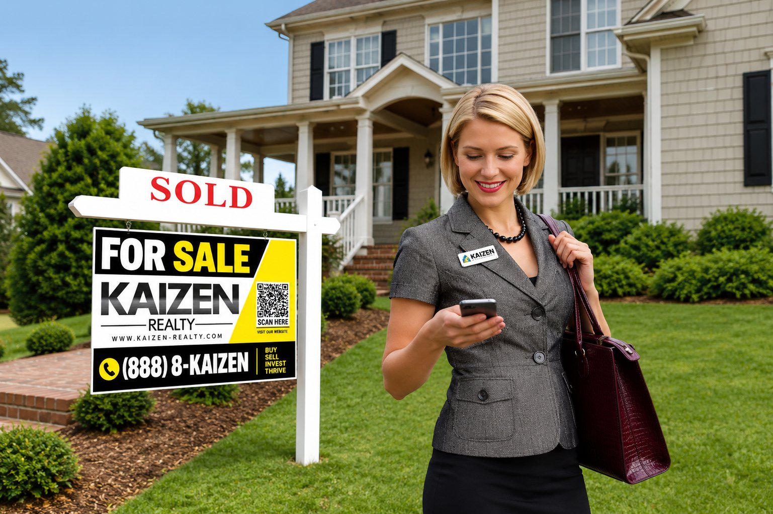 KAIZEN Realty agent in front of a sold home with a KAIZEN yard sign