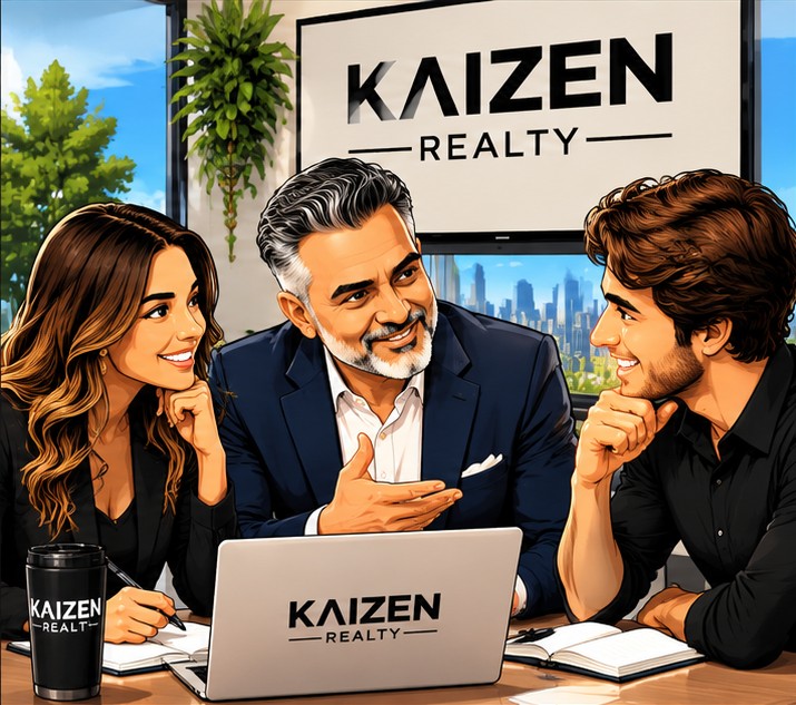 Illustration of a KAIZEN broker walking two agents through the details at the KAIZEN Realty office