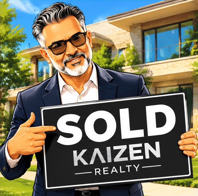 Illustration of a KAIZEN Realty agent pointing to a SOLD sign in front of a home