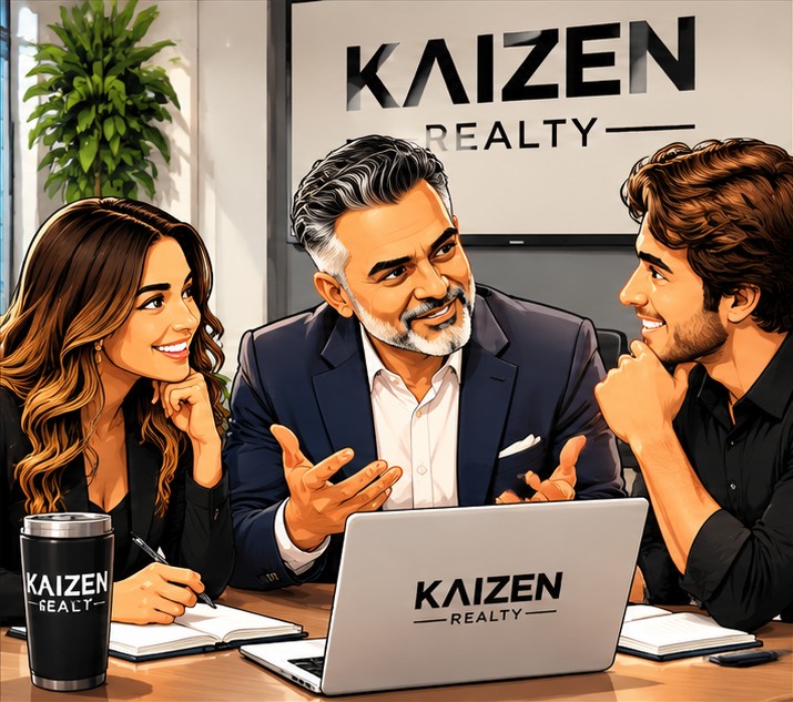 Illustration of a KAIZEN broker coaching two new agents at a table in the KAIZEN Realty office